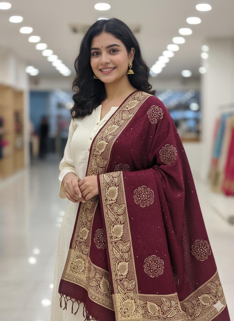 Premium Maroon Stole with Floral Motifs & Gold Border