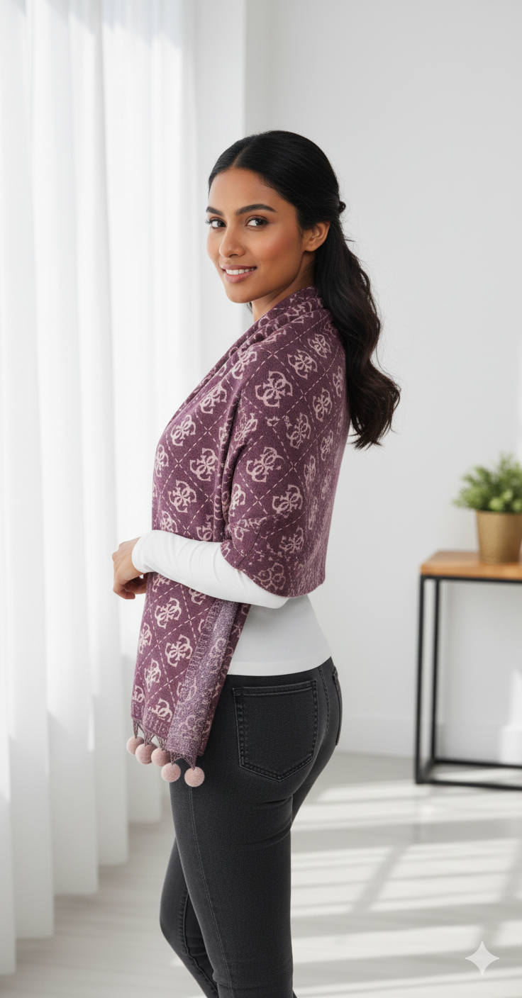 The Statement Plum Logo Stole with Pom-Poms