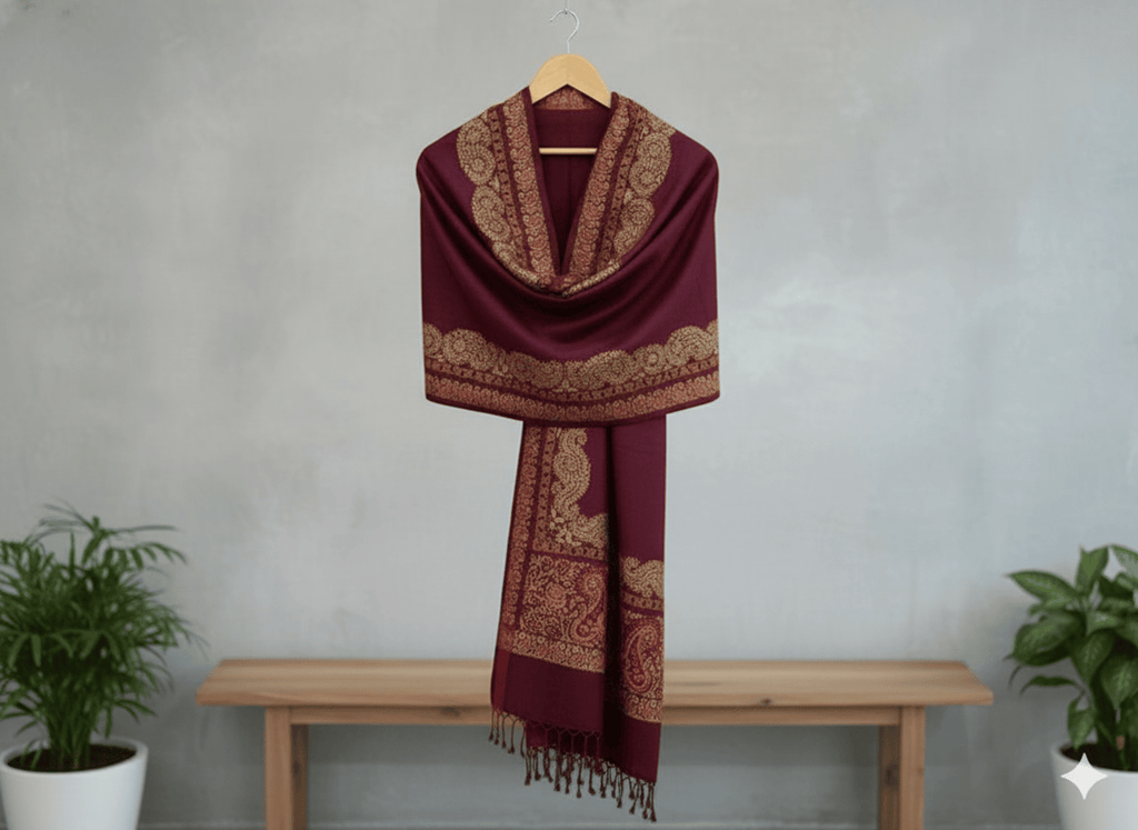 Maroon Zari Border Woven Stole Printed