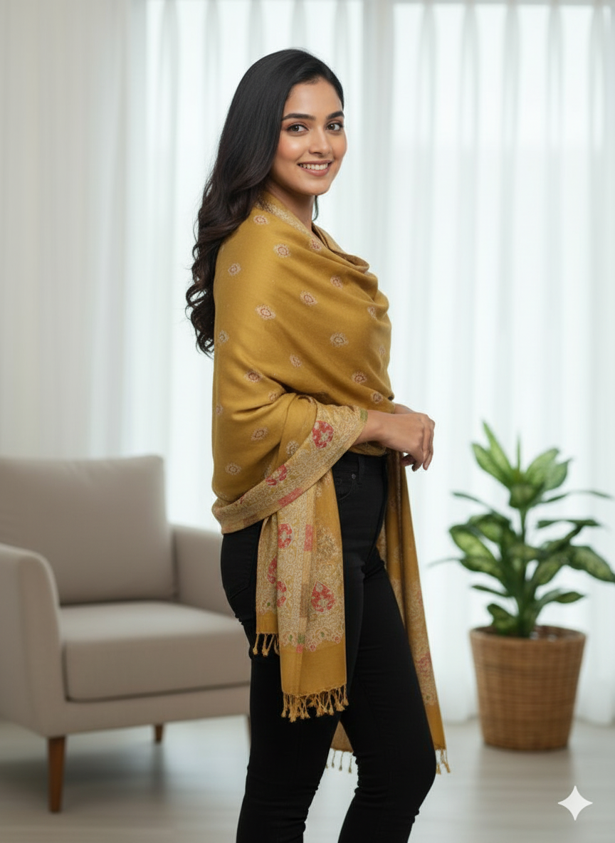 Golden Mustard Cashmere-Feel Printed Stole – Timeless Elegance, Effortless Grace