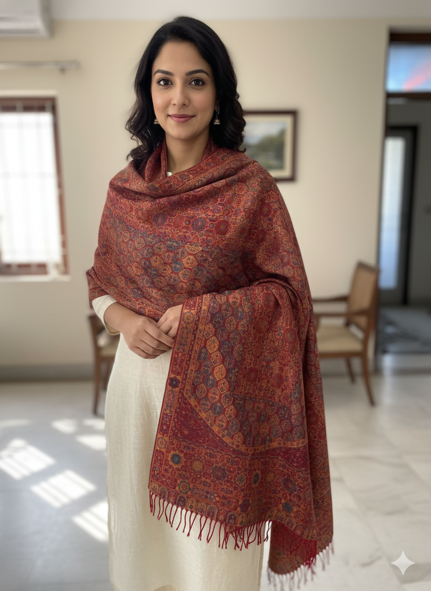 Deep Maroon with Multicolor Woven Motifs Printed Stole