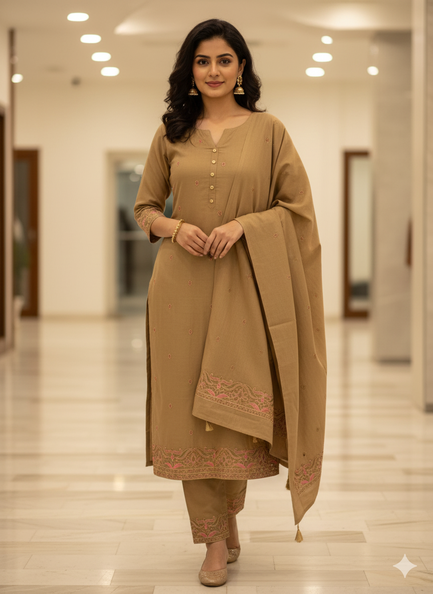 Camel Beige with Subtle Rose & Peach Embroidery Suit with Stole