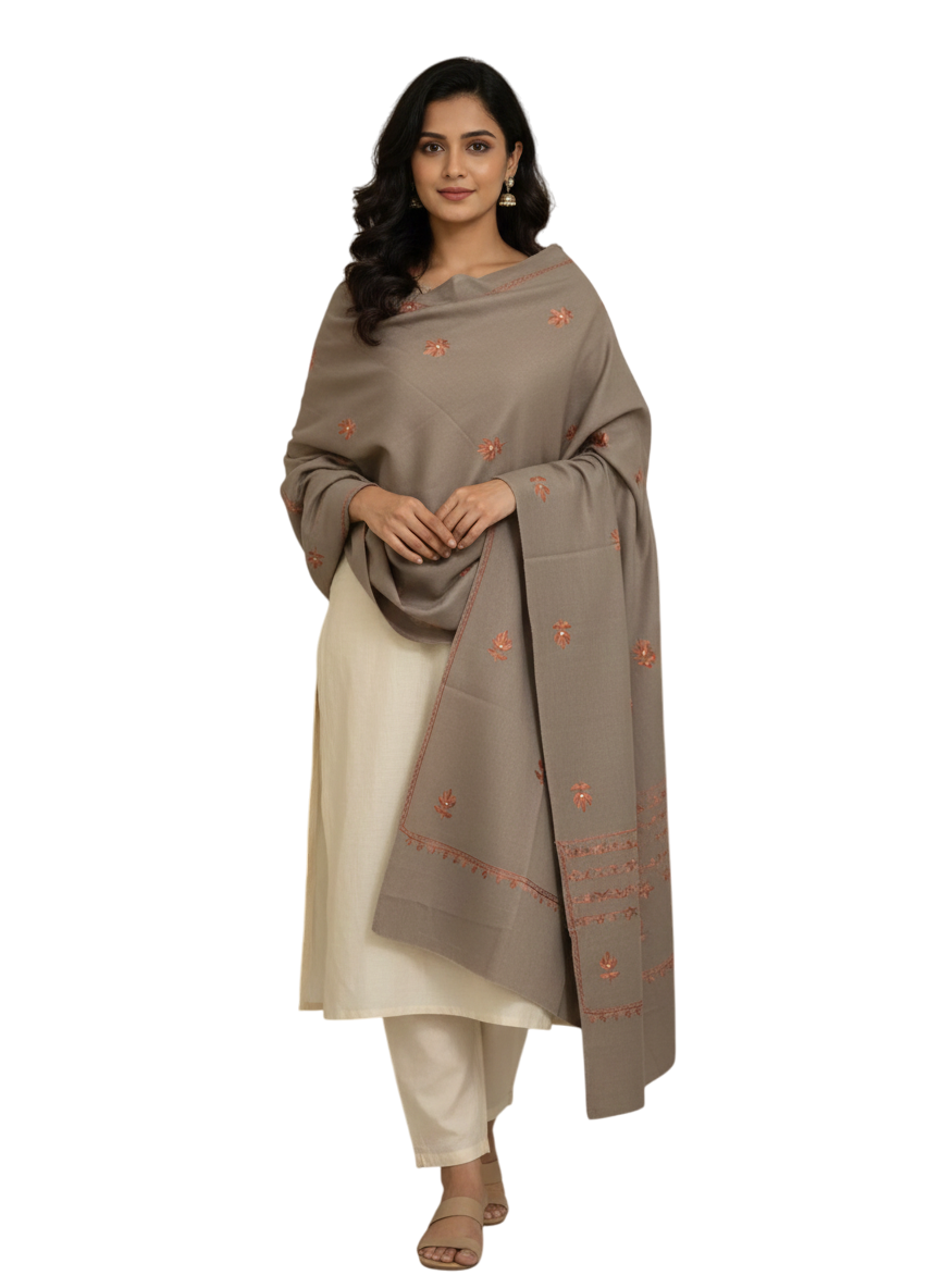 Elegant Hand-Embroidered Taupe Shawl