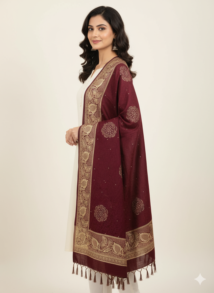 Premium Maroon Stole with Floral Motifs & Gold Border