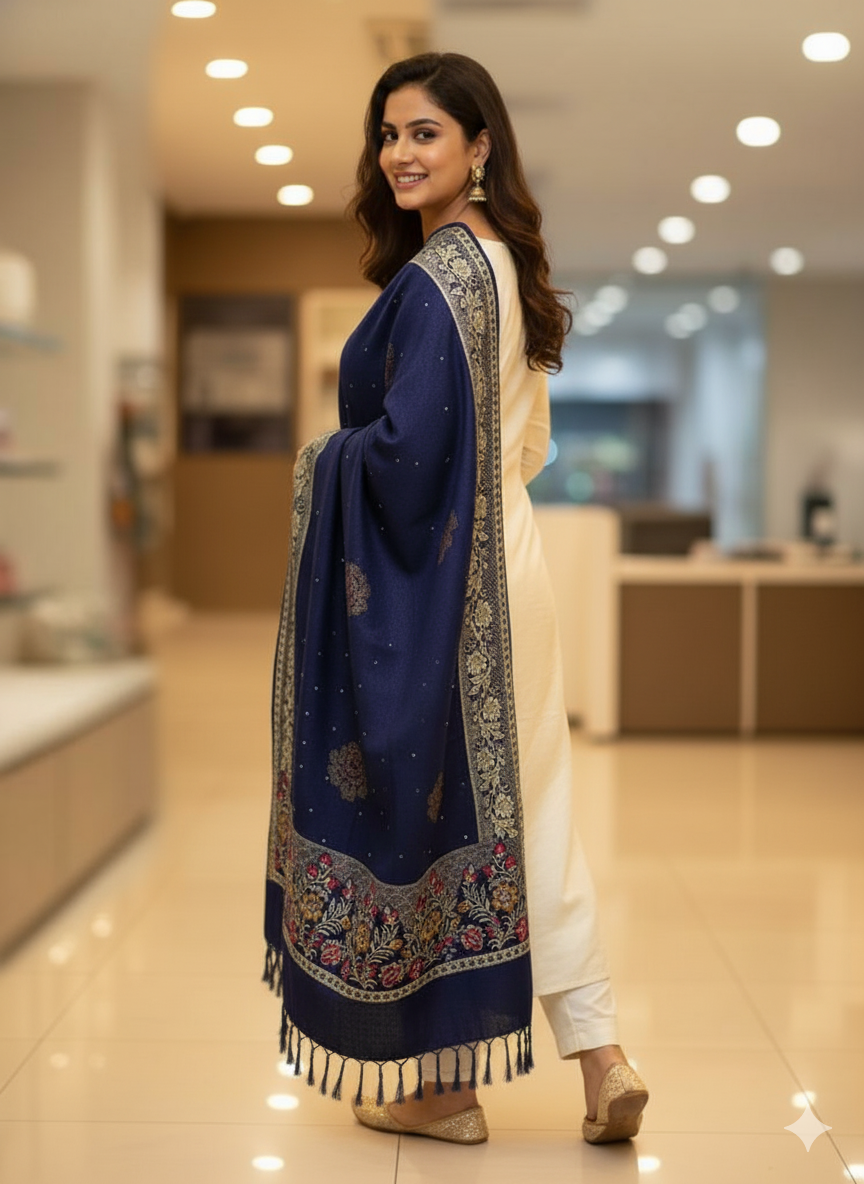 Premium Navy Stole with Floral Motifs & Gold Border