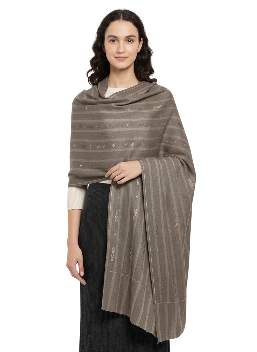 Sophisticated Striped Embroidered Taupe Shawl
