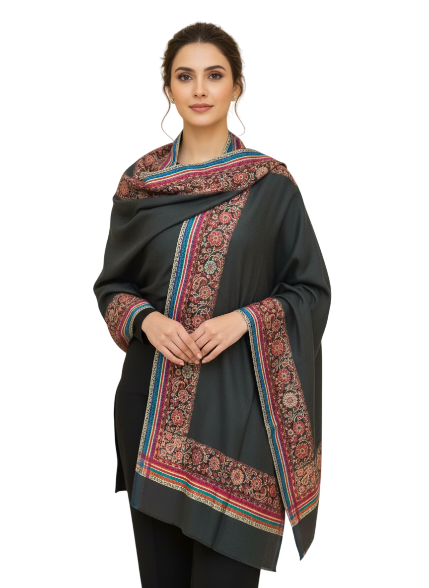 Premium Dark Slate Women’s Printed Shawl – Kashmiri-Inspired Elegance