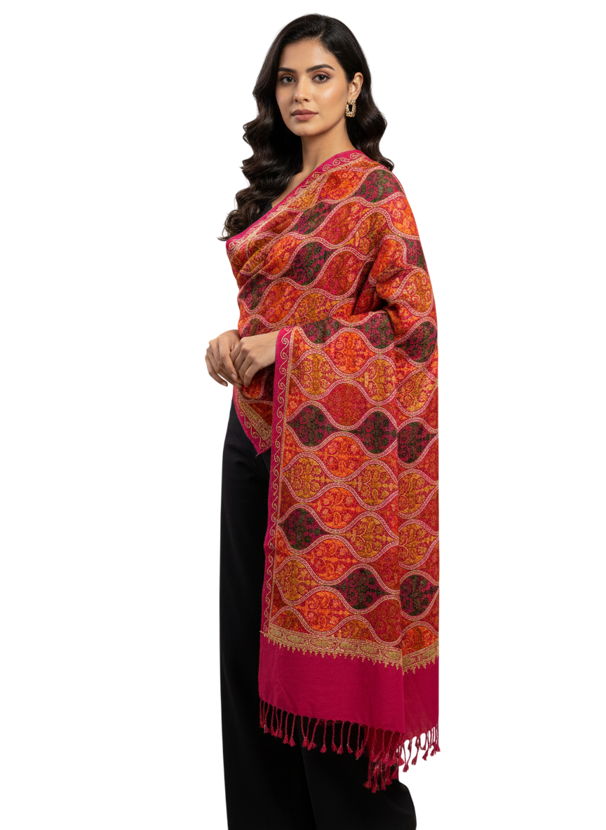 Heritage-Inspired Multicolor Stole with Pink Borde
