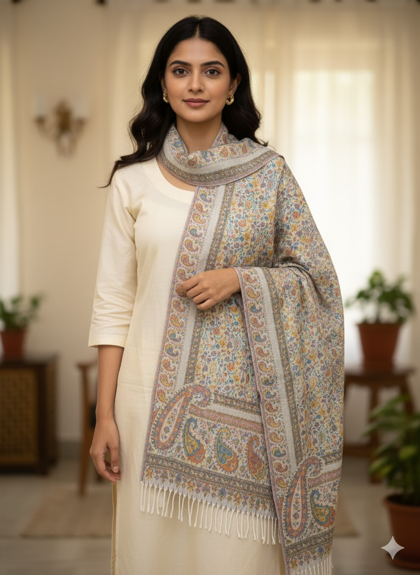 Ivory Base with Pastel Floral &Amp; Paisley Motifs Printed Stole