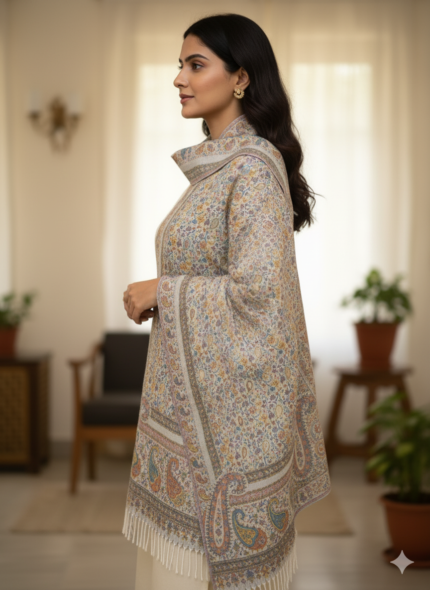 Ivory Base with Pastel Floral &Amp; Paisley Motifs Printed Stole