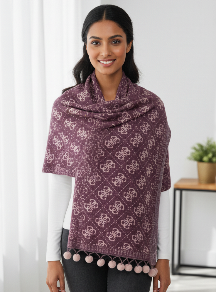The Statement Plum Logo Stole with Pom-Poms
