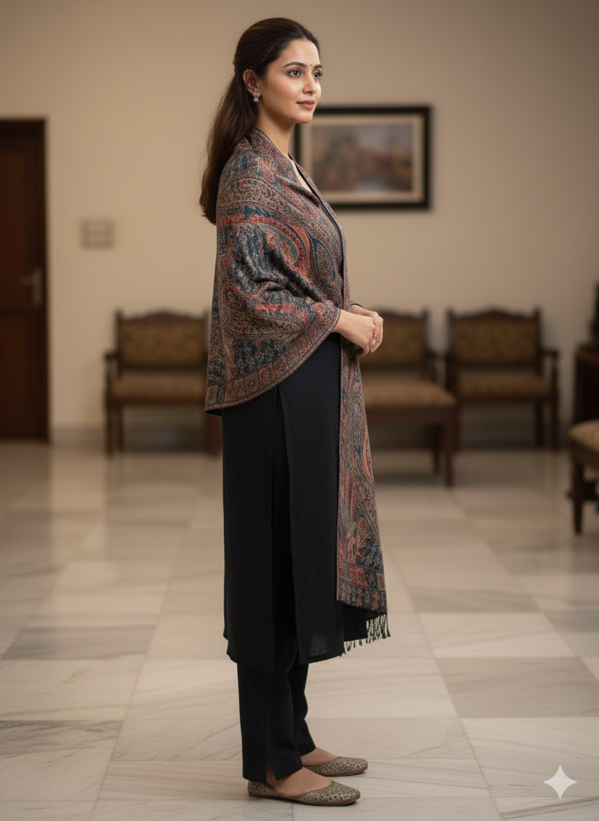 Deep Navy with Multitone Paisley &amp; Floral Patterns Printed Stole