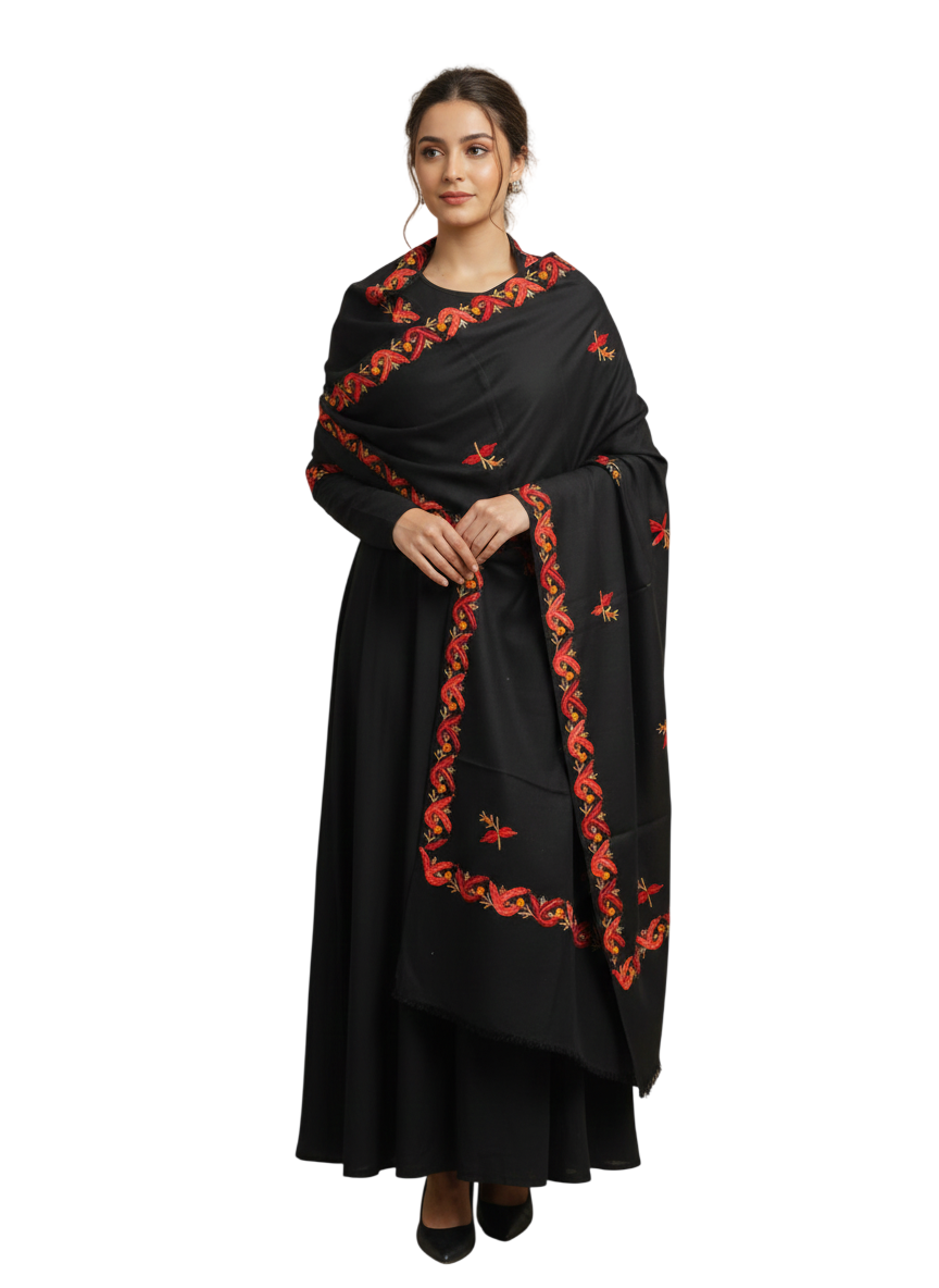 Exquisite Hand-Embroidered Black Shawl