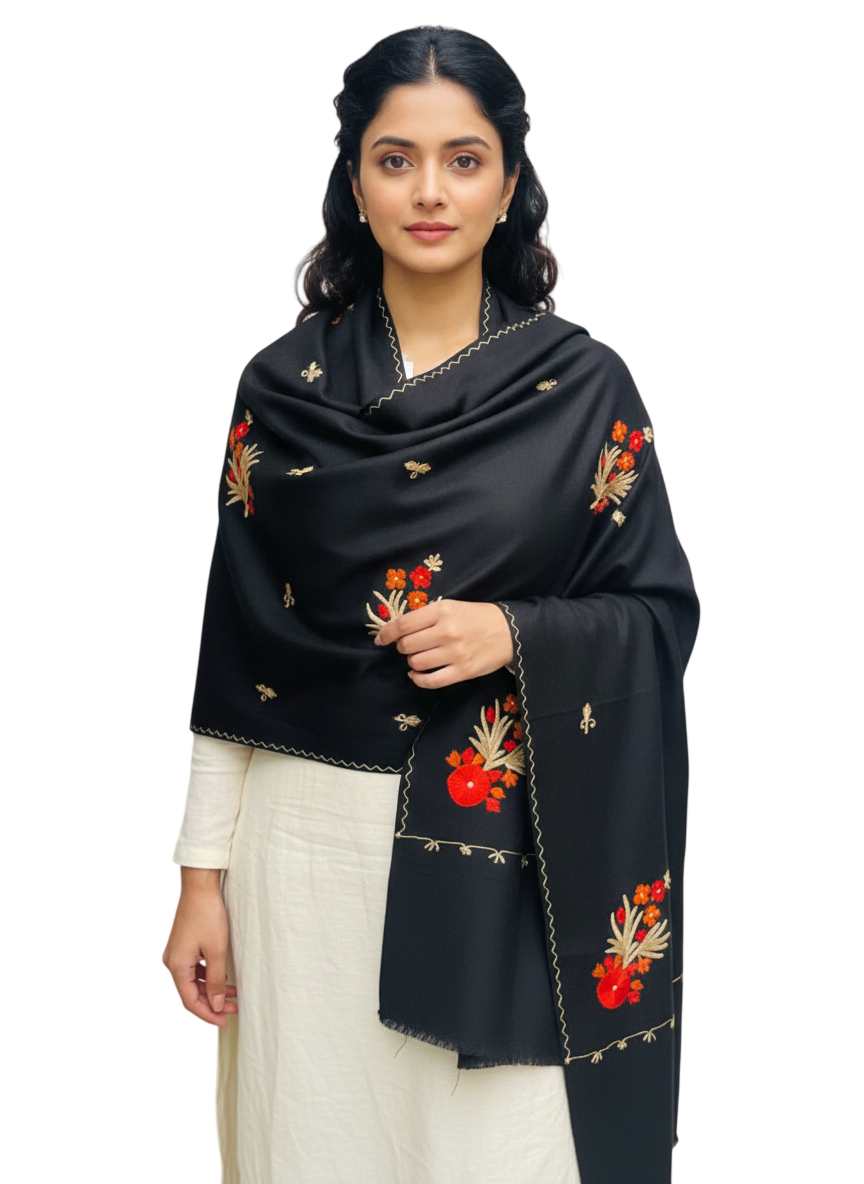 Classic Hand-Embroidered Black Shawl