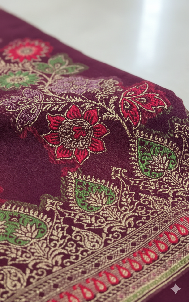 Deep Maroon with Multitone Floral Paisley Motifs Printed Stole