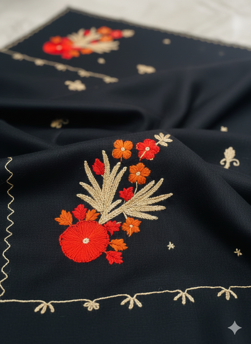 Classic Hand-Embroidered Black Shawl
