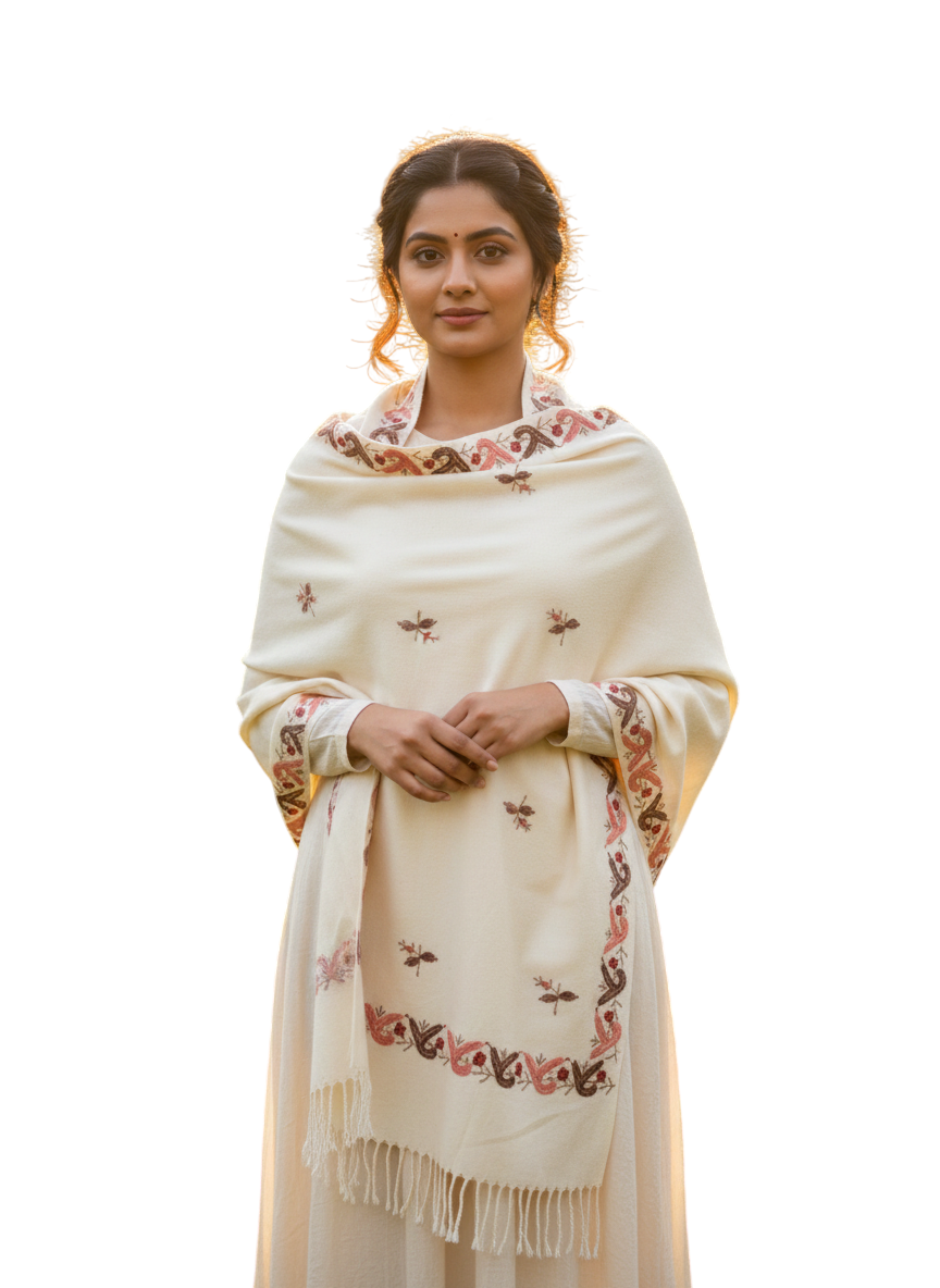 Elegant Ivory Kashmiri Stole with Handcrafted Border