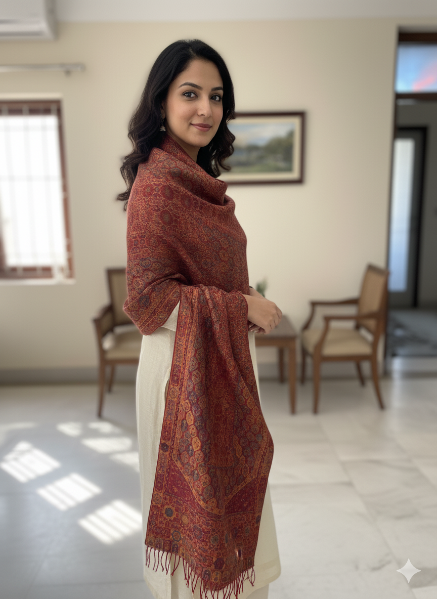 Deep Maroon with Multicolor Woven Motifs Printed Stole