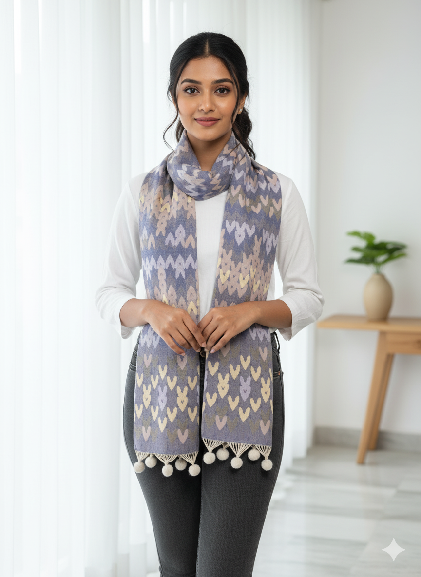 Cozy Chic Heart-Pattern Stole with Pom Pom