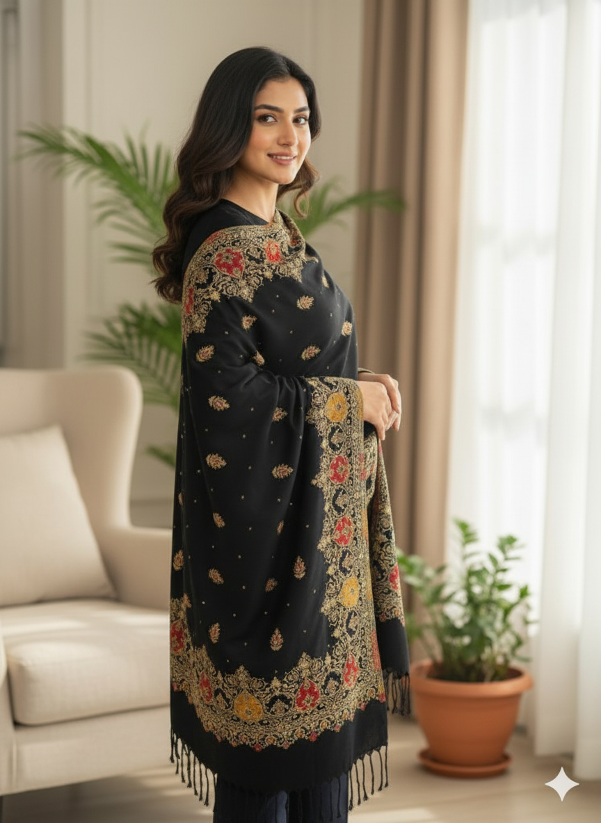 Classic Black Cashmere-Feel Printed Stole – The Essence of Timeless Luxury