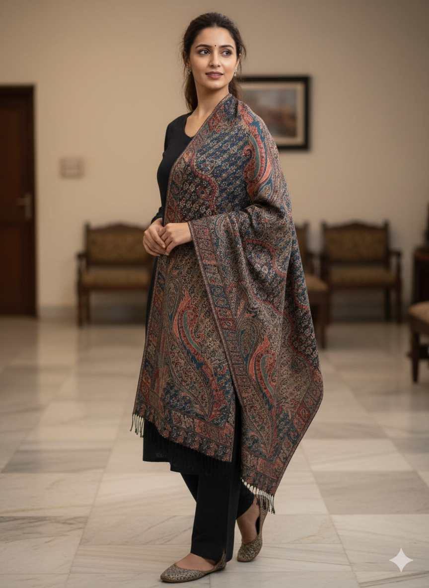 Deep Navy with Multitone Paisley &amp; Floral Patterns Printed Stole