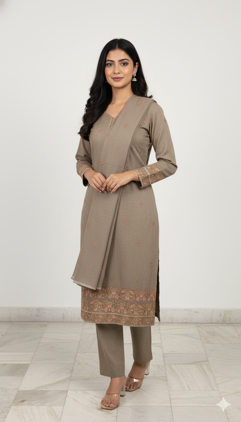 Taupe with Subtle Rose & Gold Embroidery Suit with Stole