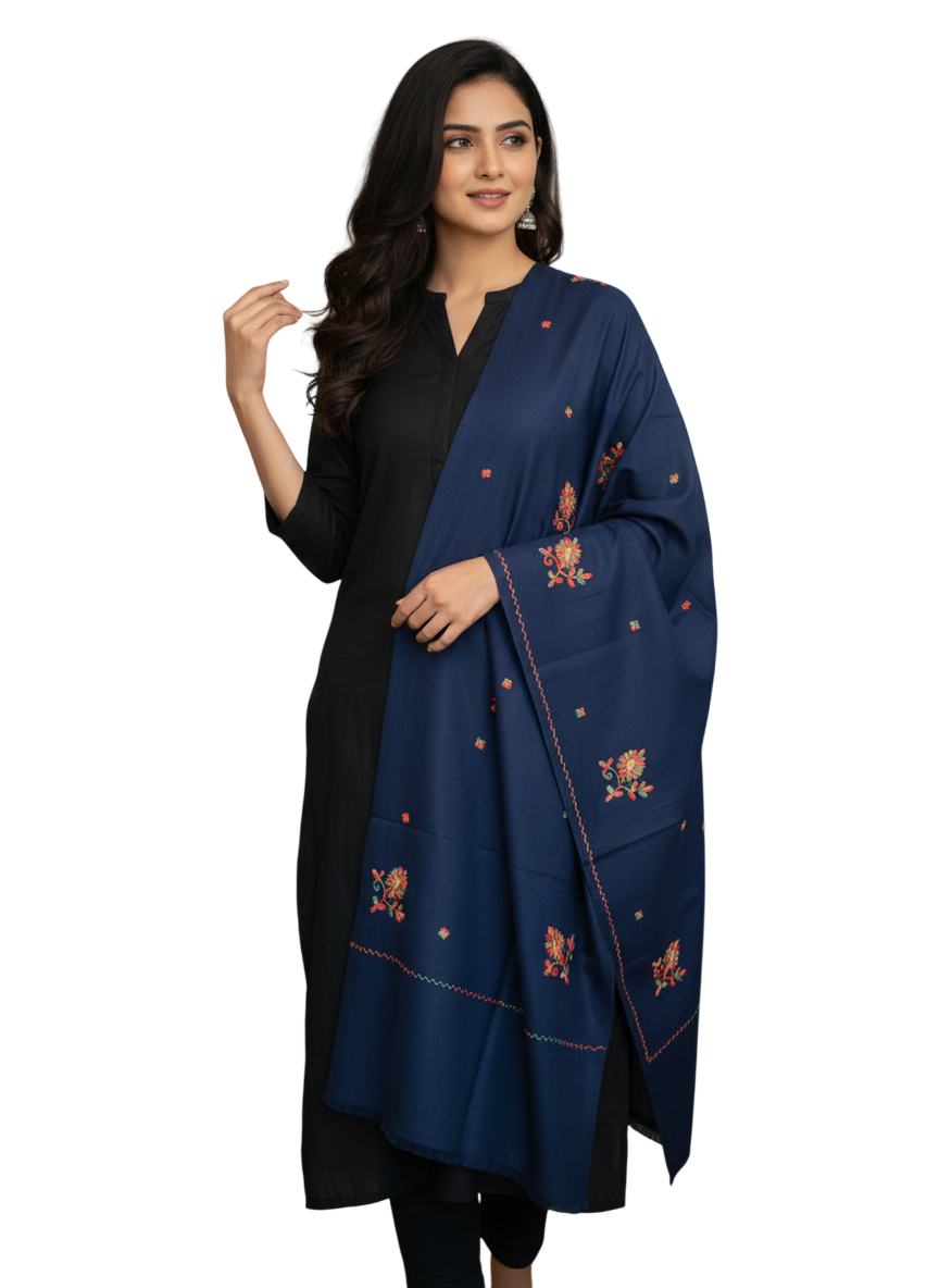 Elegant Navy Blue Embroidered Shawl