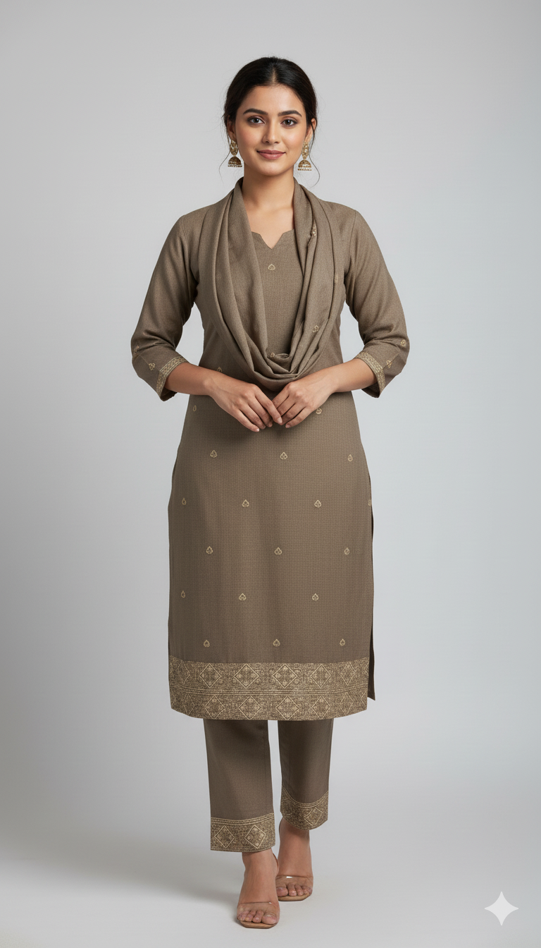 Elegant Taupe with Subtle Embroidery Suit with Stole