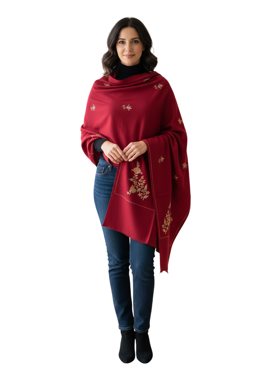 Elegant Hand-Embroidered Red Shawl