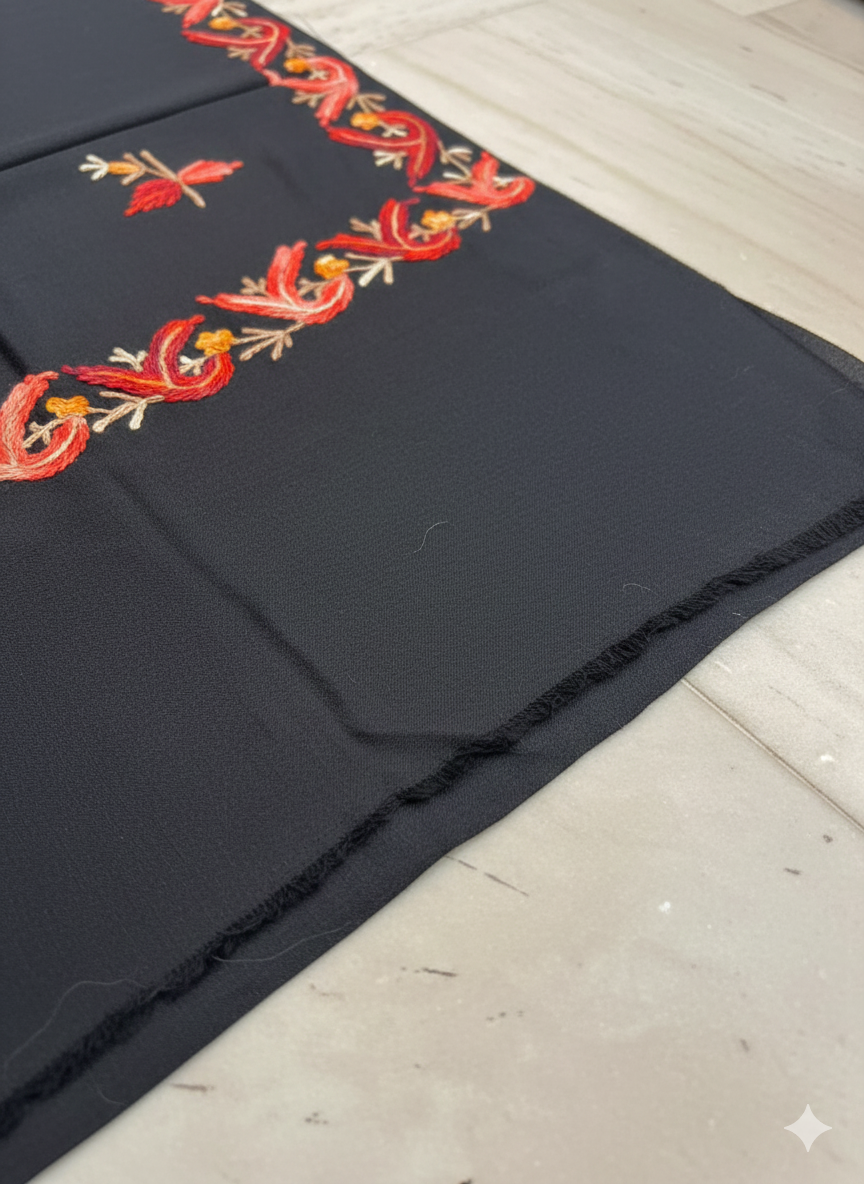 Exquisite Hand-Embroidered Black Shawl