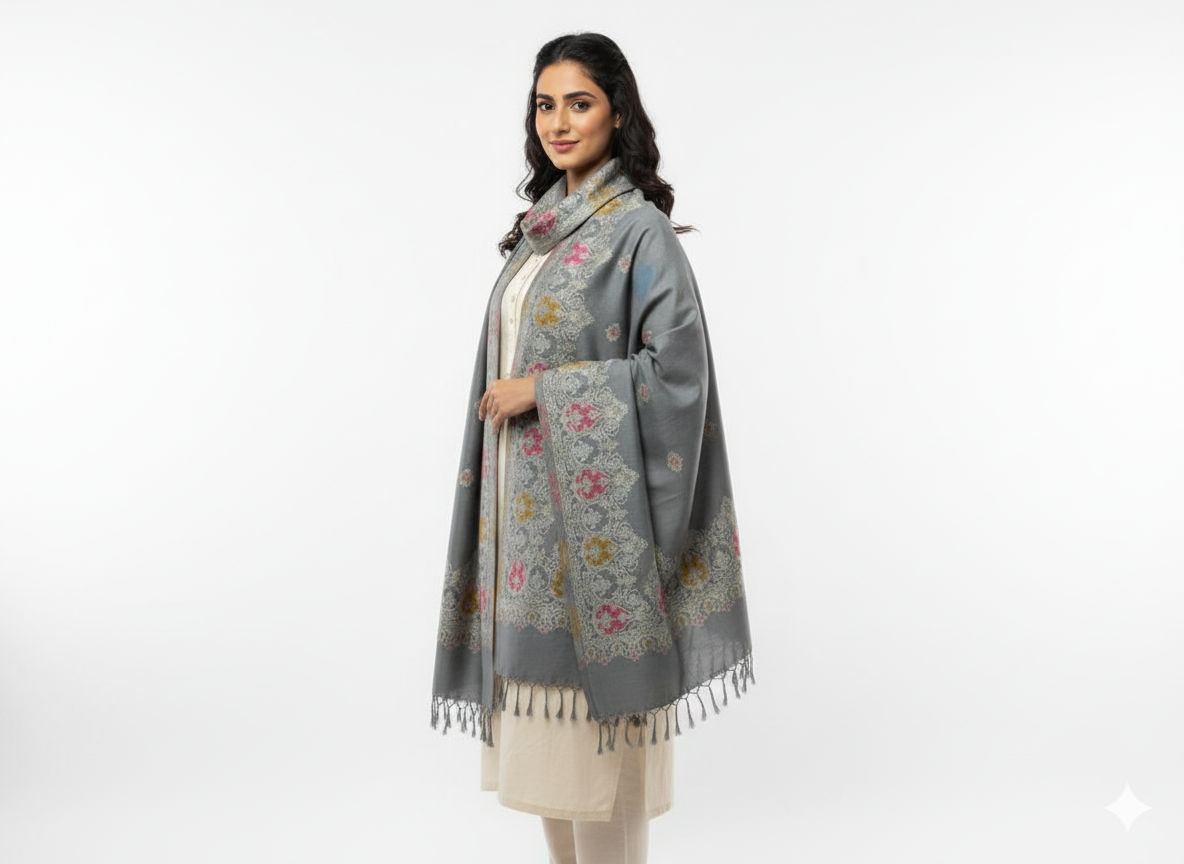 Elegant Grey Cashmere-Feel Printed Stole – Grace in Every Drape