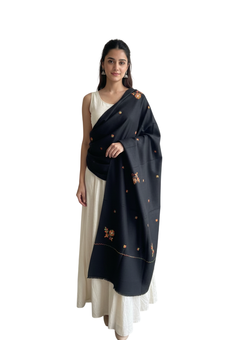 Elegant Hand-Embroidered Black Shawl