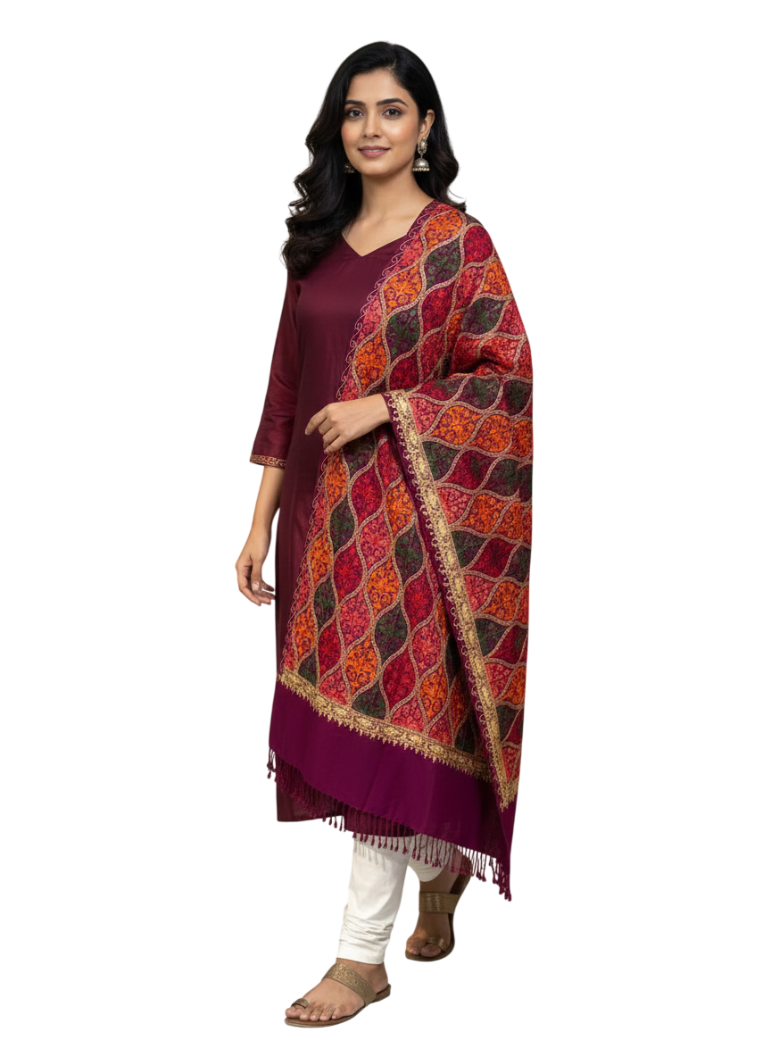 Regal Multicolor Kashmiri Stole with Maroon Border