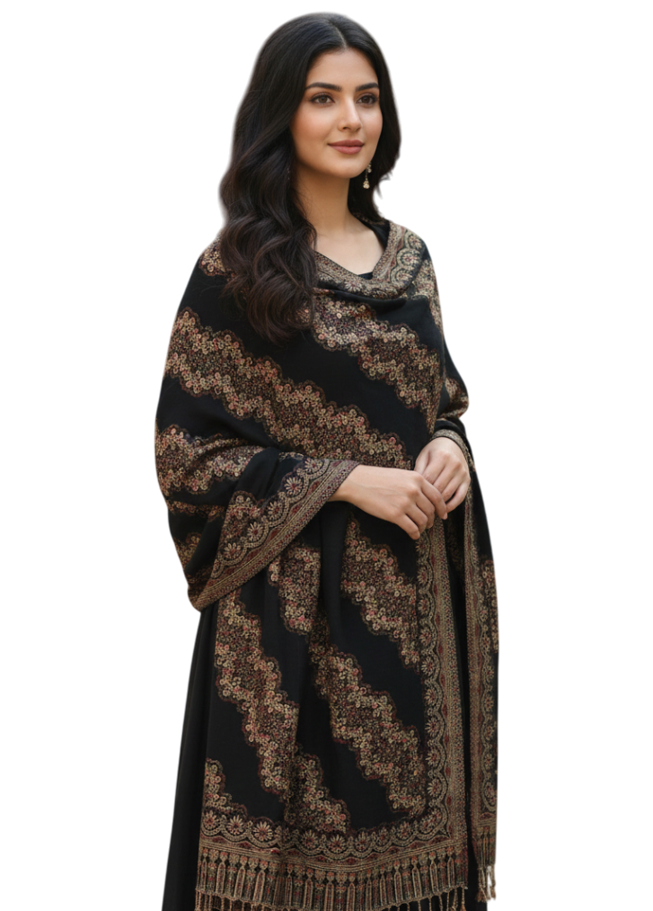 Premium Black Women’s Embroidered Shawl – Royal Zari-Inspired Elegance