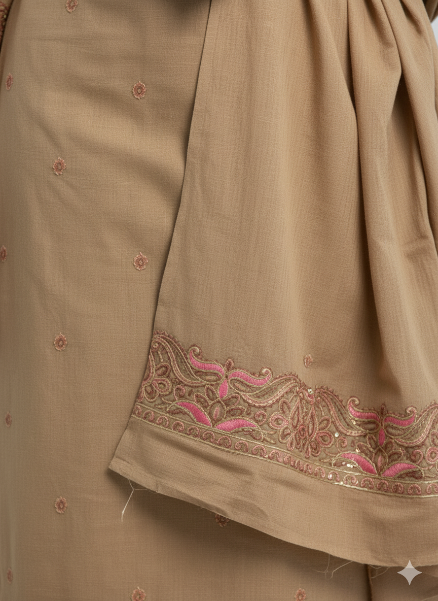 Camel Beige with Subtle Rose & Peach Embroidery Suit with Stole