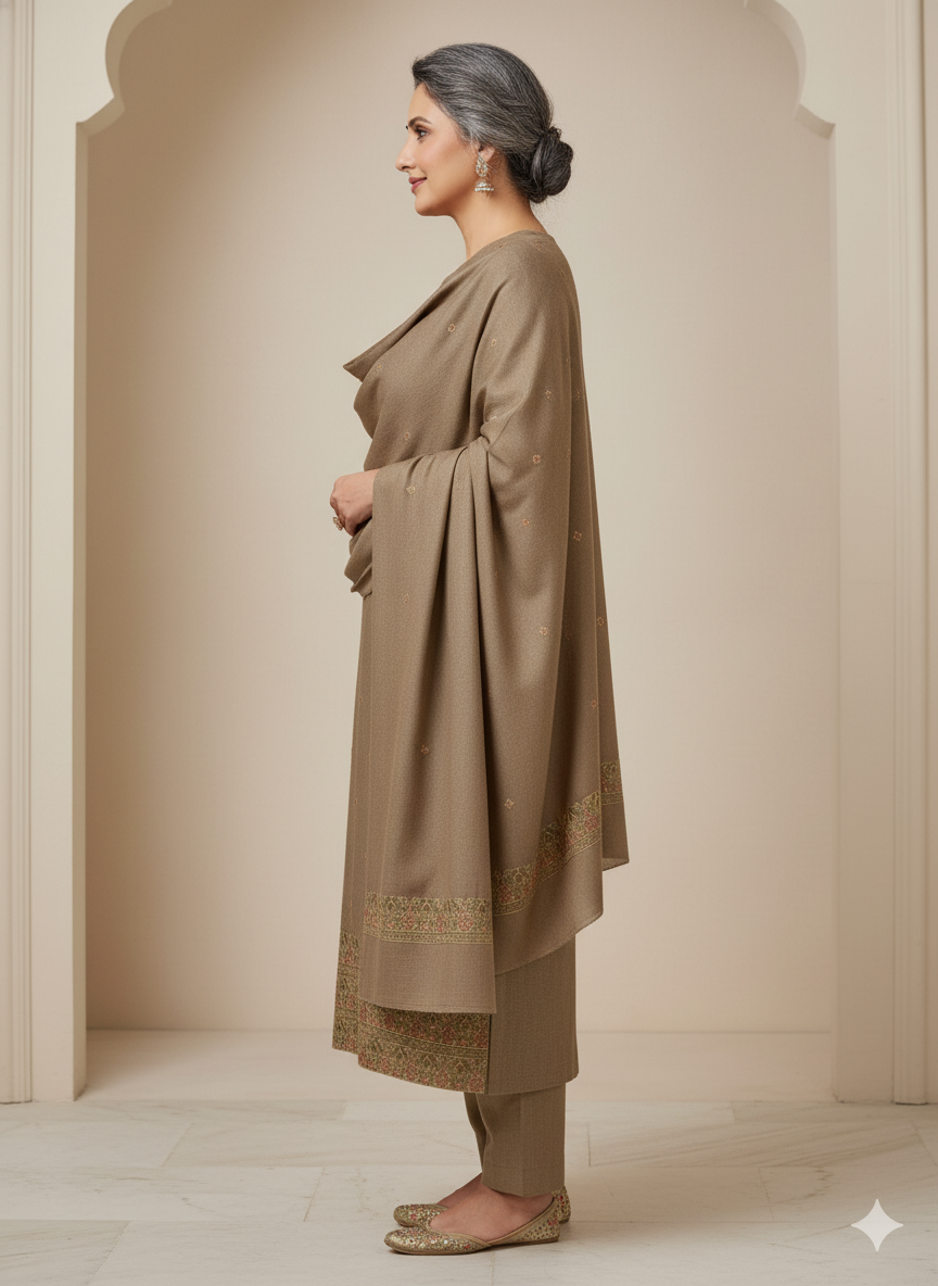 Elegant Taupe Woolen Pashmina Suit with Matching Stole