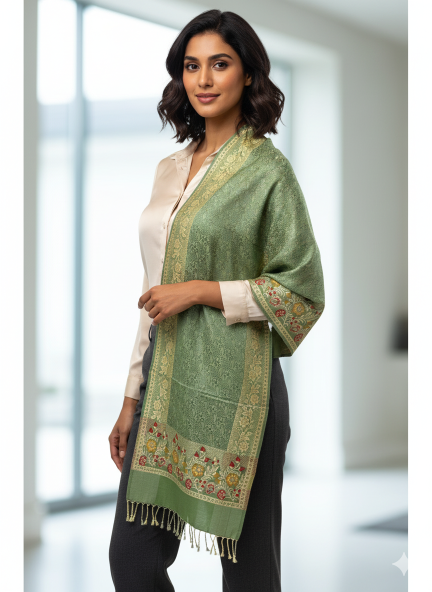 Soft Pastel Green Self Design Printed Stole