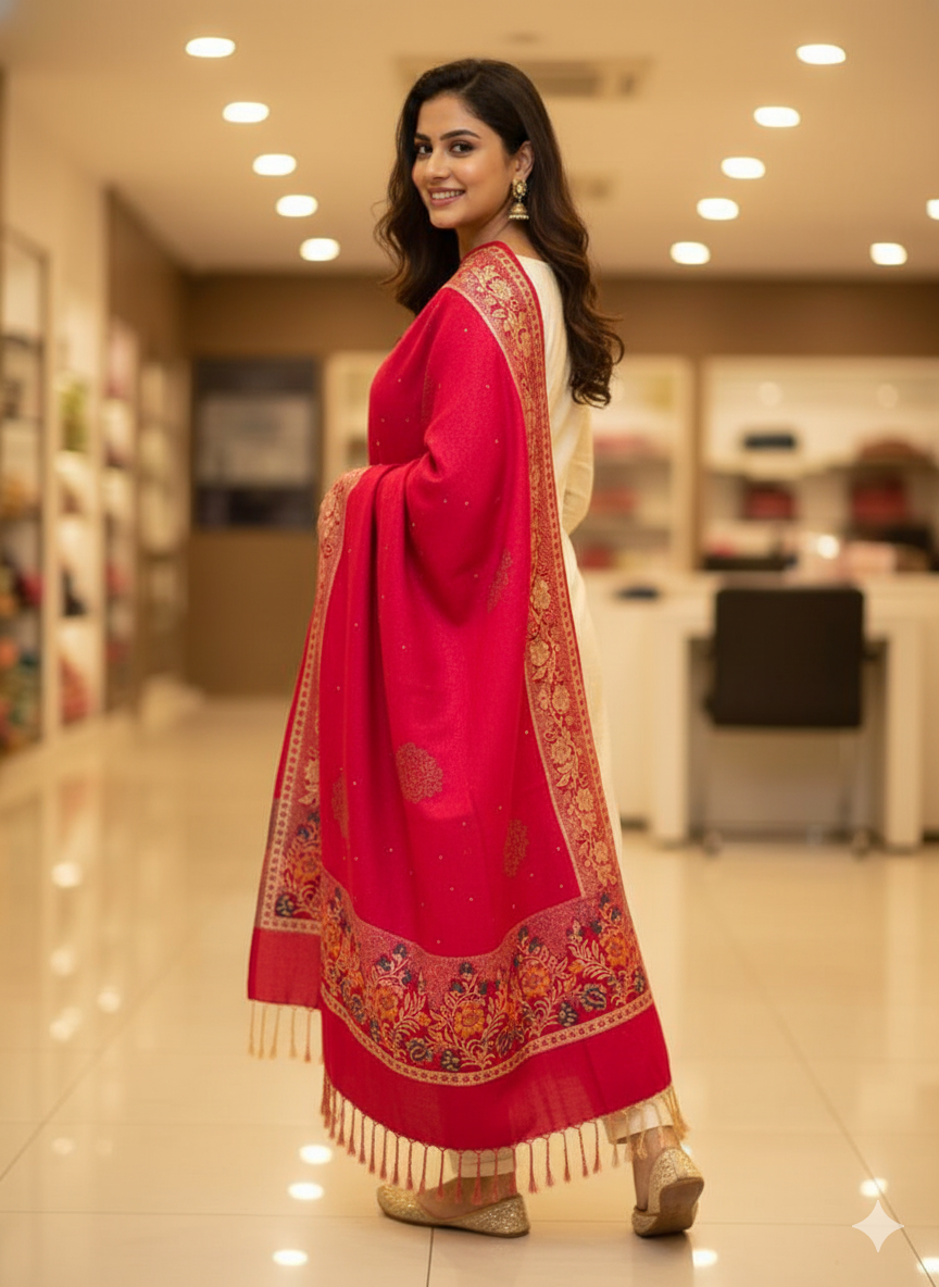 Premium Pink Stole with Floral Motifs & Gold Border