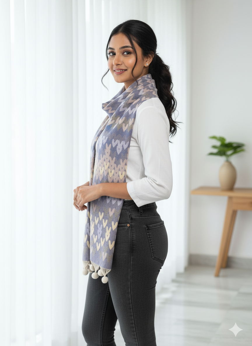 Cozy Chic Heart-Pattern Stole with Pom Pom