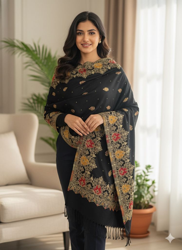Classic Black Cashmere-Feel Printed Stole – The Essence of Timeless Luxury
