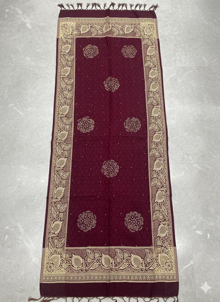 Premium Maroon Stole with Floral Motifs & Gold Border