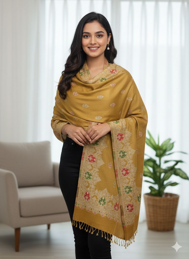 Golden Mustard Cashmere-Feel Printed Stole – Timeless Elegance, Effortless Grace