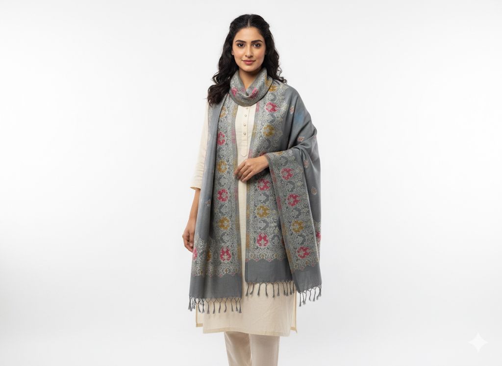 Elegant Grey Cashmere-Feel Printed Stole – Grace in Every Drape