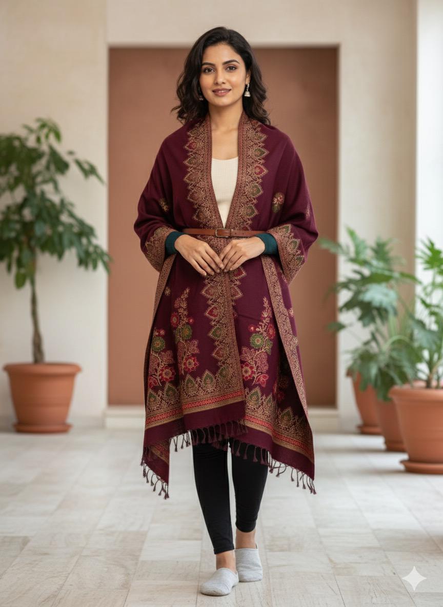 Deep Maroon with Multitone Floral Paisley Motifs Printed Stole