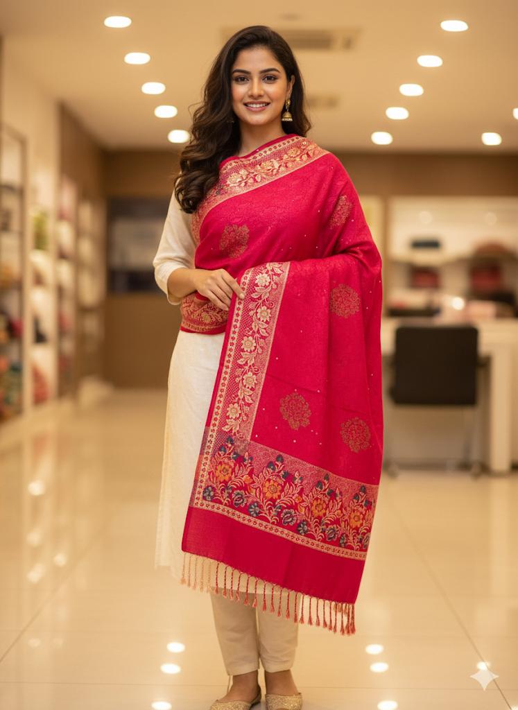 Premium Pink Stole with Floral Motifs & Gold Border