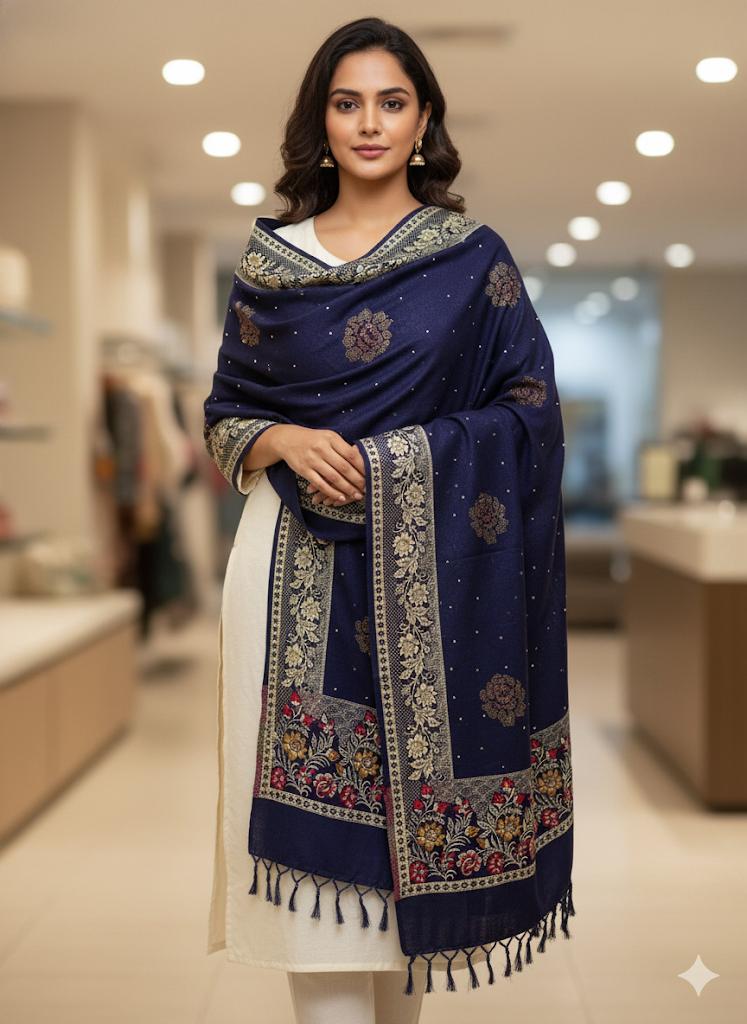 Premium Navy Stole with Floral Motifs & Gold Border
