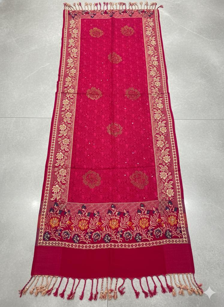 Premium Pink Stole with Floral Motifs & Gold Border