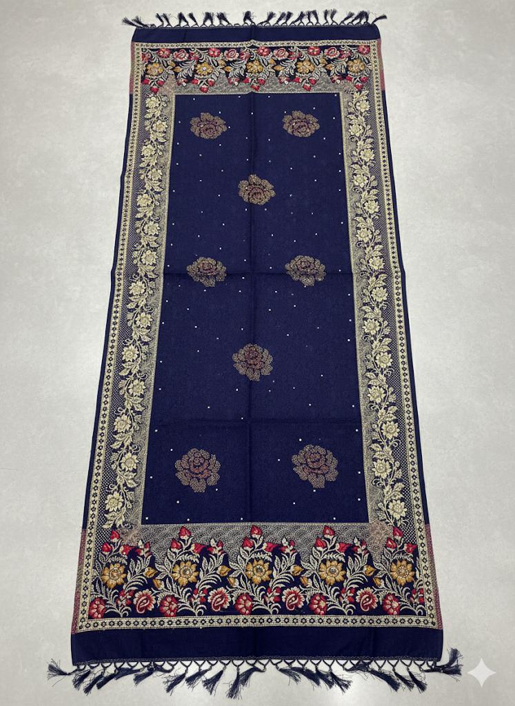 Premium Navy Stole with Floral Motifs & Gold Border