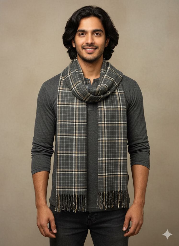 Men Charcoal Grey with Cream & Beige Check Stole