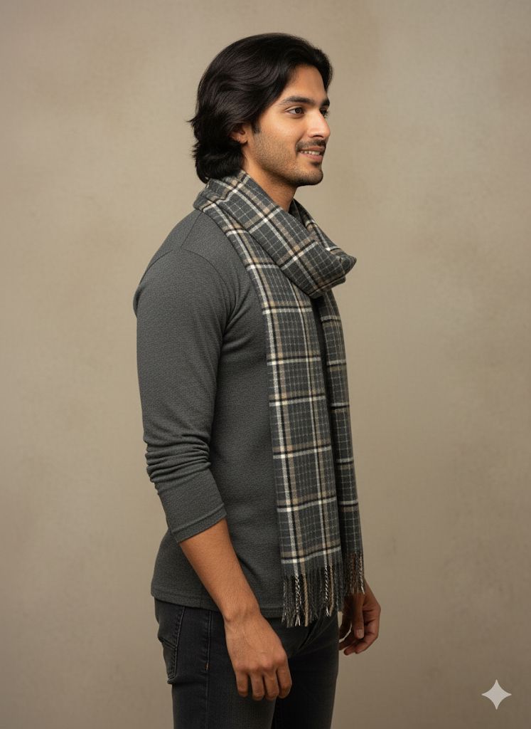 Men Charcoal Grey with Cream & Beige Check Stole